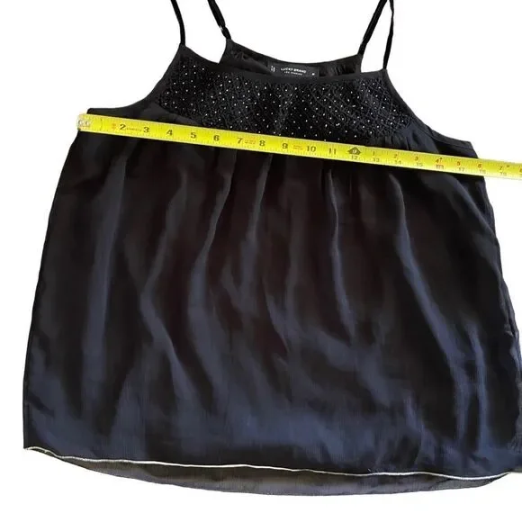 Lucky brand black silver flowy sheer smocked camisole w/gold trim hem sz M - Picture 14 of 16